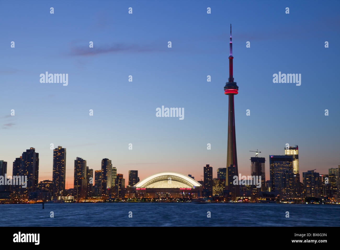 Skyline of downtown Toronto, CN Tower and Rogers Centre, Toronto, Ontario, Canada, North America Stock Photo