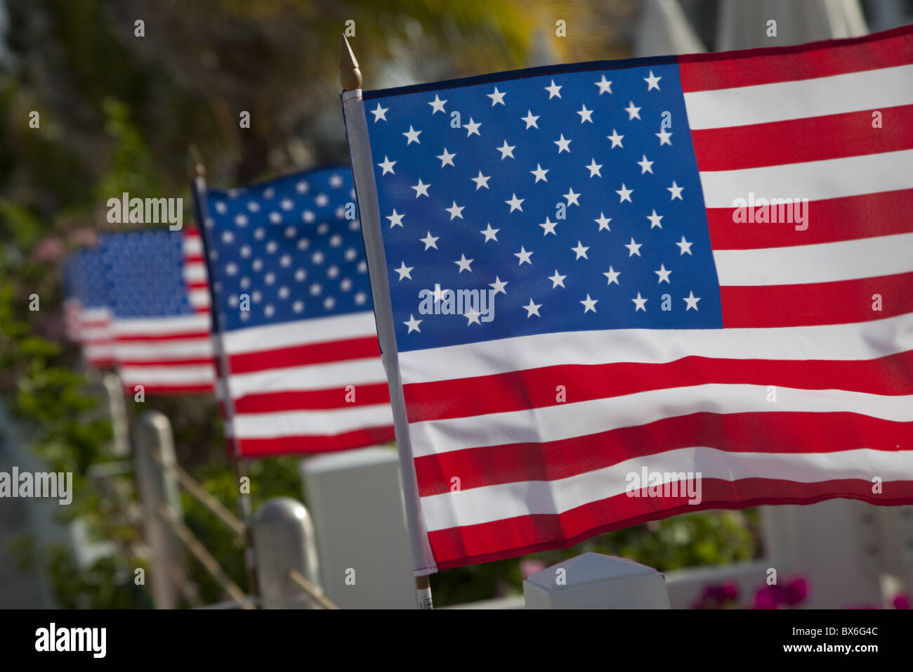 US flags attached to a fence in Key West, Florida, United States of America, North America Stock Photo