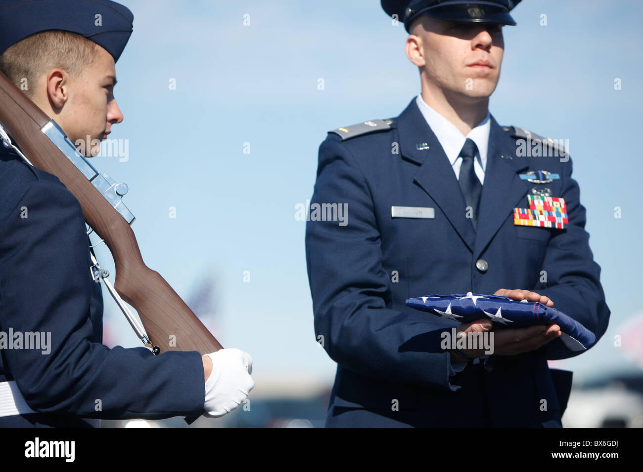 Members of the Air Force Junior ROTC honor veterans of all wars during a memorial ceremony at the Monroe County Airport Stock Photo