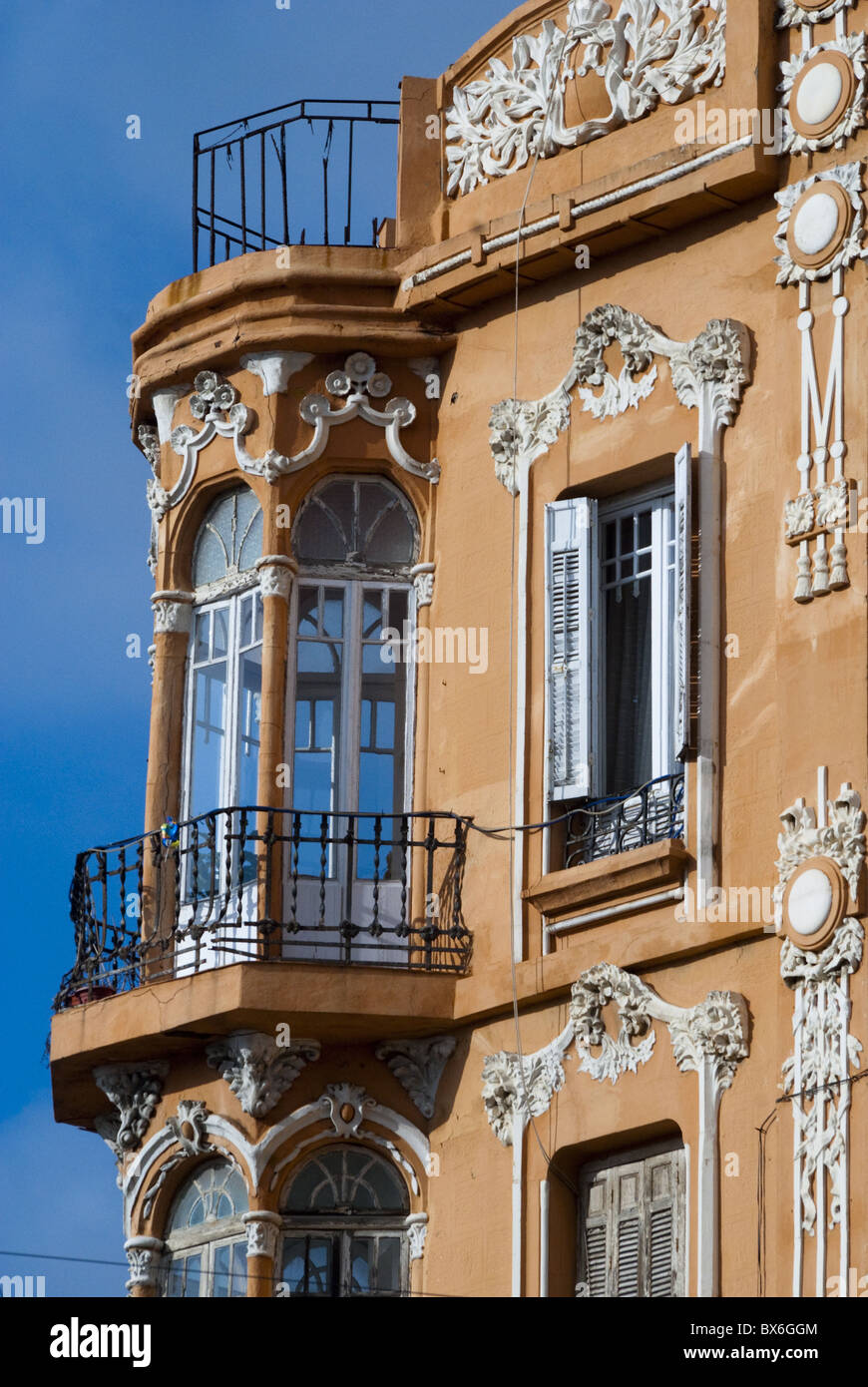 Windowed balconies, modernist (Art Deco) building on Plaza de Espana, Melilla, Spain, Spanish North Africa, Africa Stock Photo