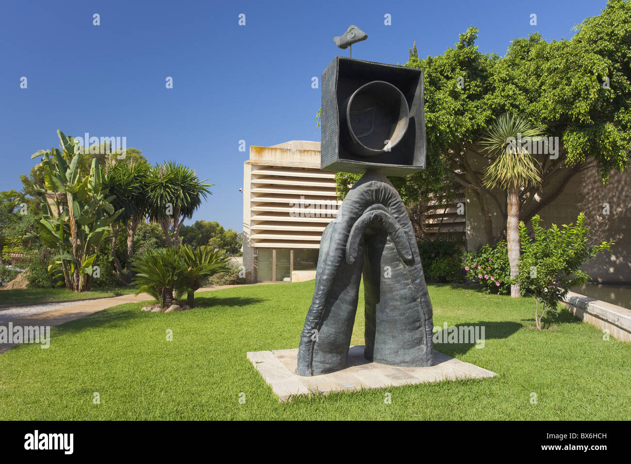 Personnage Gothique, Oiseau Eclair sculpture dated 1976 in Garden at Fundacio Pilar I Joan Miro, Cala Major, Majorca, Spain Stock Photo