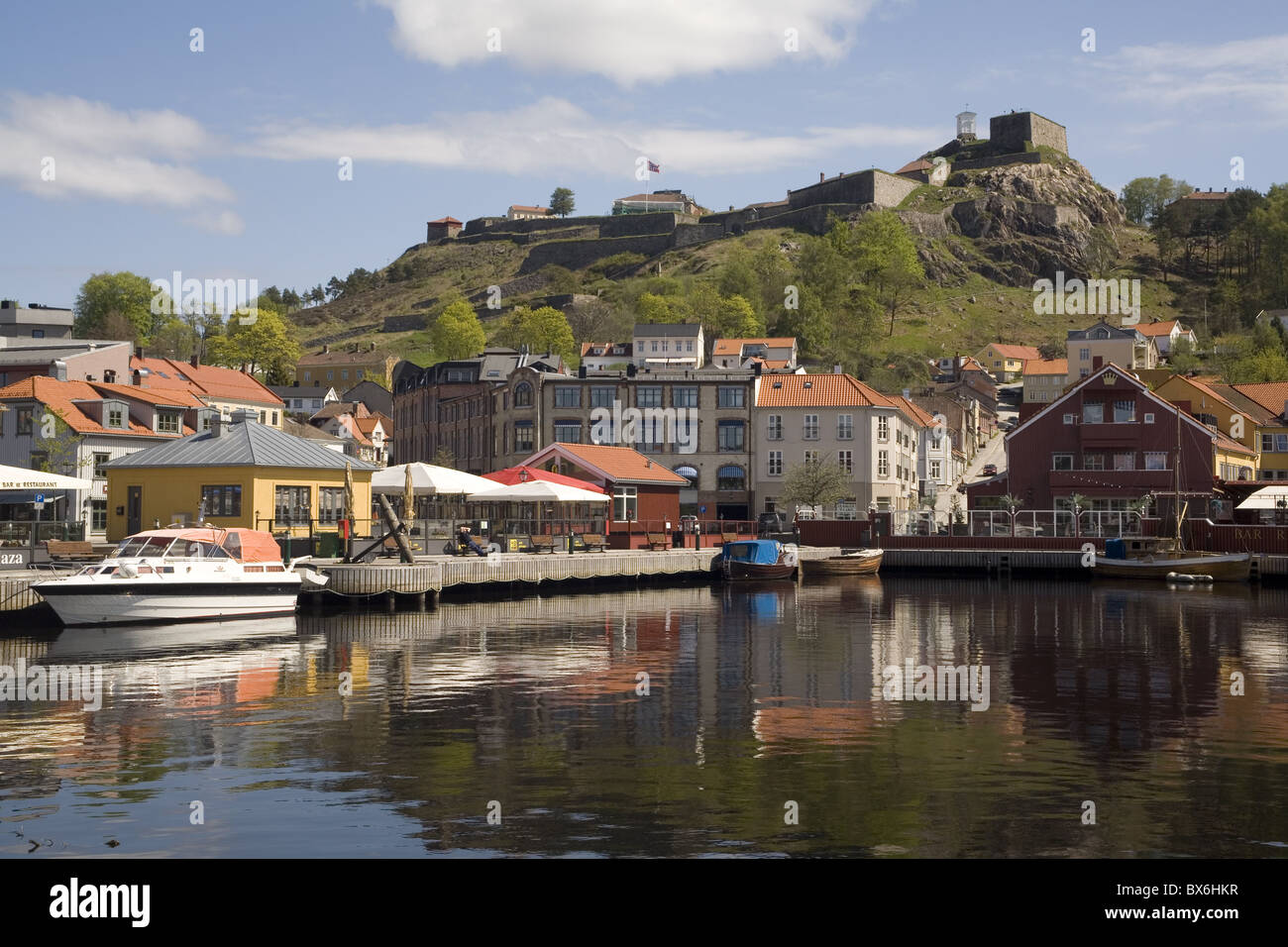 Harbour and Fredriksten Fort, Halden, Ostfold, Norway, Scandinavia, Europe Stock Photo