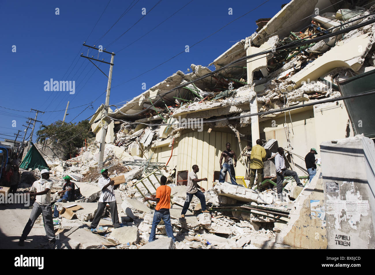 Stock being removed from The Caribbean Market, January 2010 earthquake damage, Port au Prince, Haiti, West Indies Stock Photo