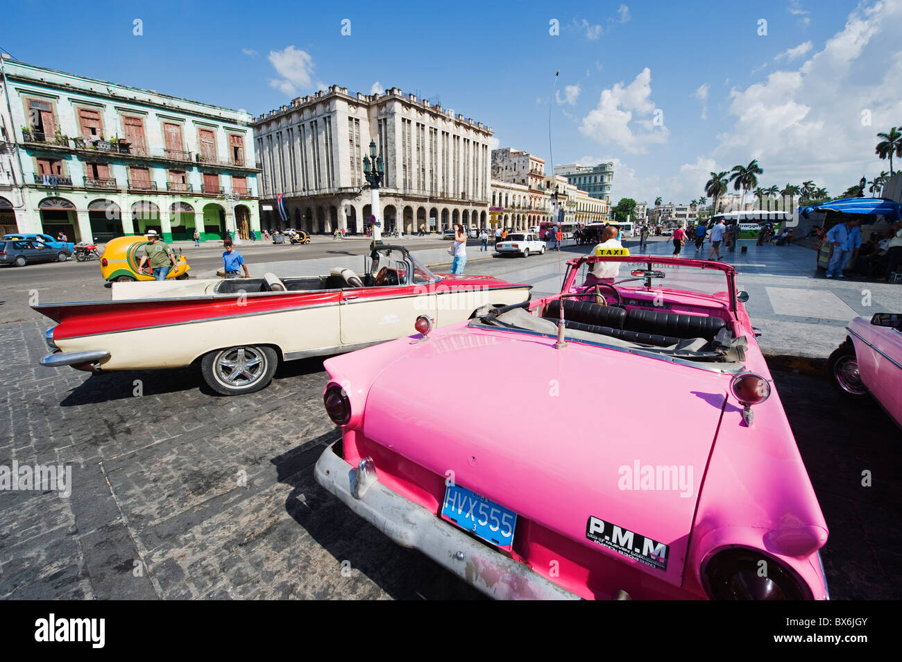 Bright pink 1950s classic American Car, Central Havana, Cuba, West Indies, Caribbean, Central America Stock Photo