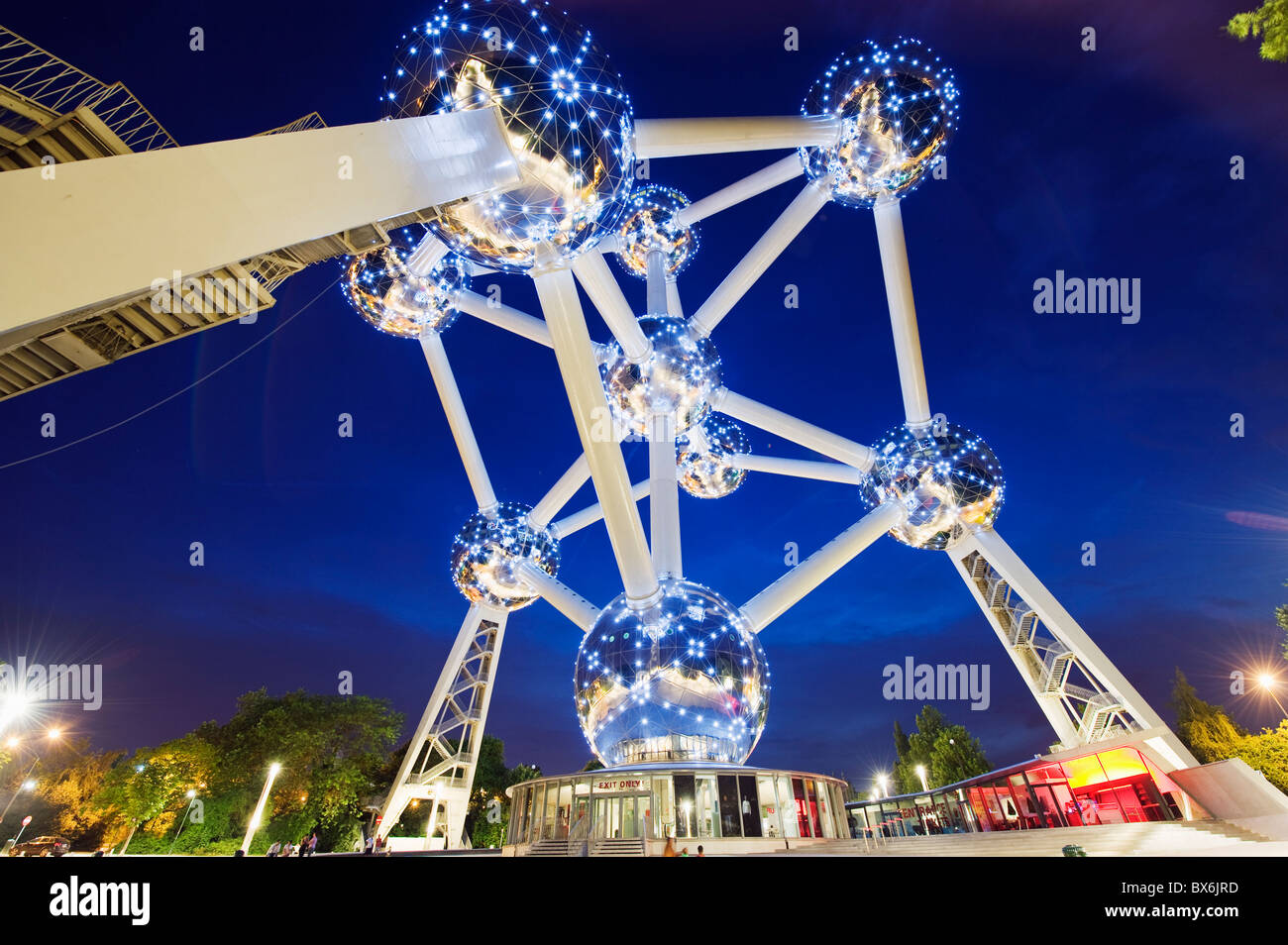 1958 World Fair, Atomium model of an iron molecule, illuminated at night, Brussels, Belgium, Europe Stock Photo
