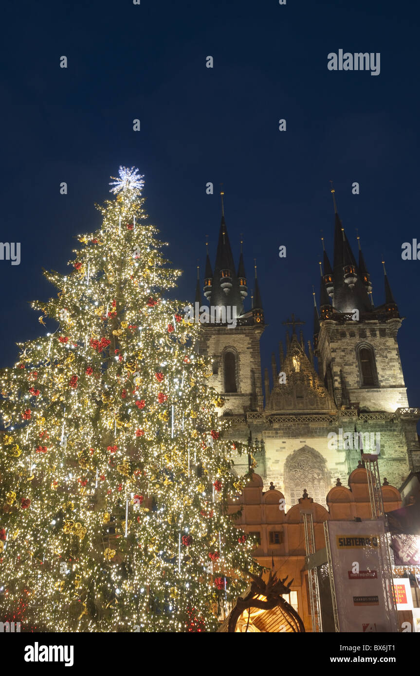 Gothic Tyn Church, Christmas tree at twilight in Old Town Square, Stare Mesto, Prague, Czech Republic, Europe Stock Photo