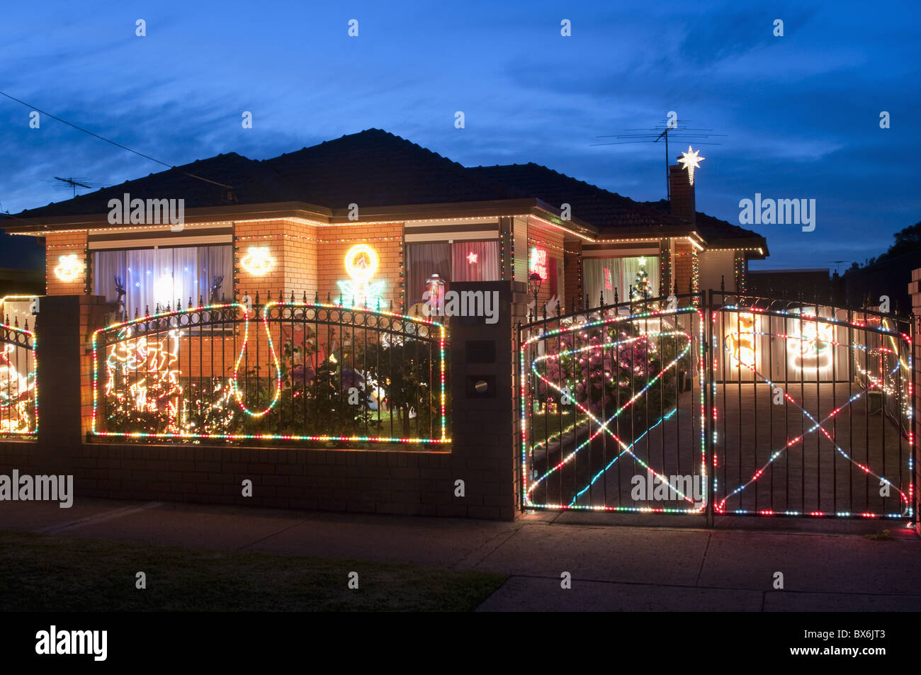 Christmas decoration of Melbourne suburban house at twilight, Altona