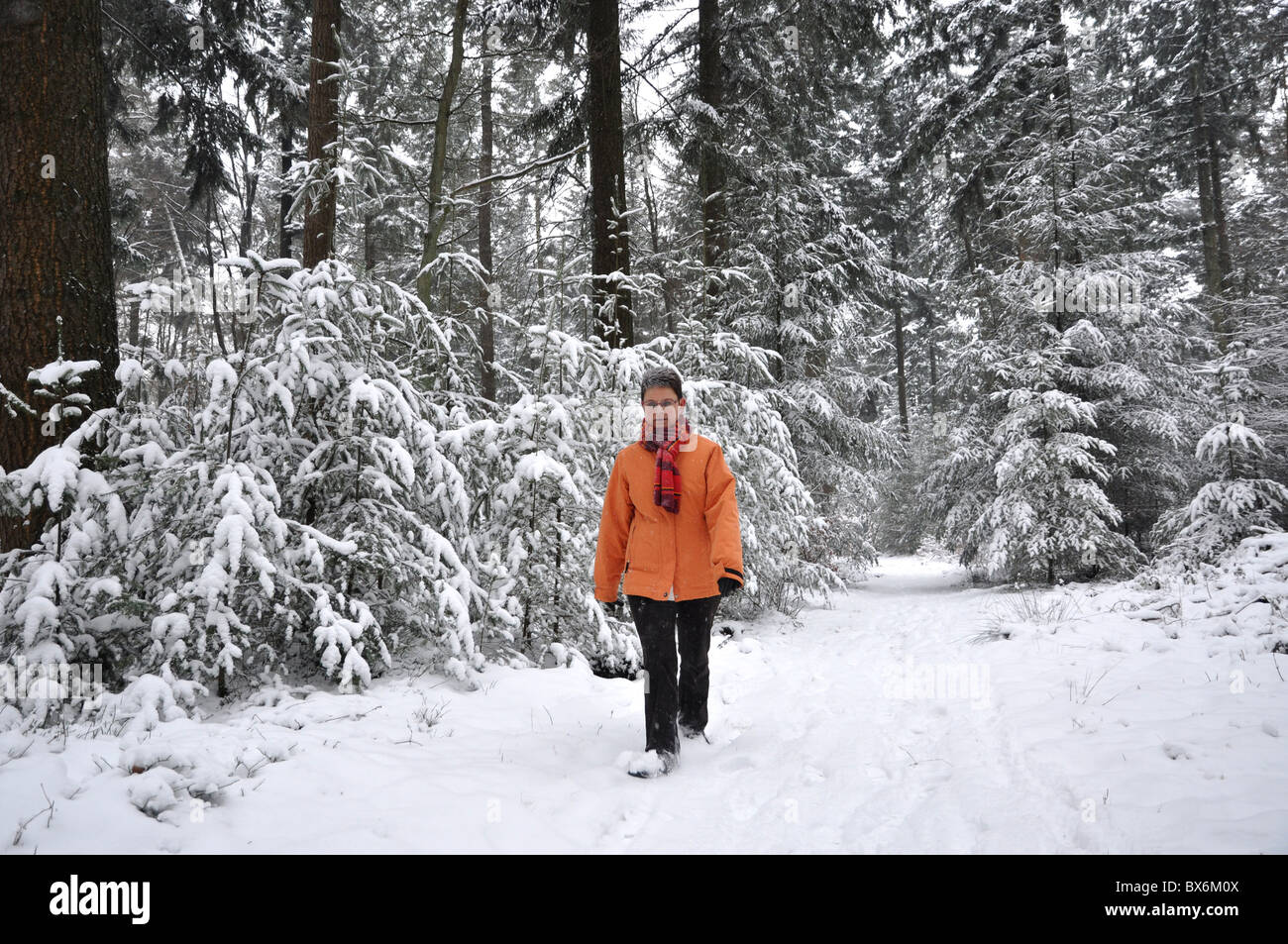 Senior woman walking in snowy forest Stock Photo