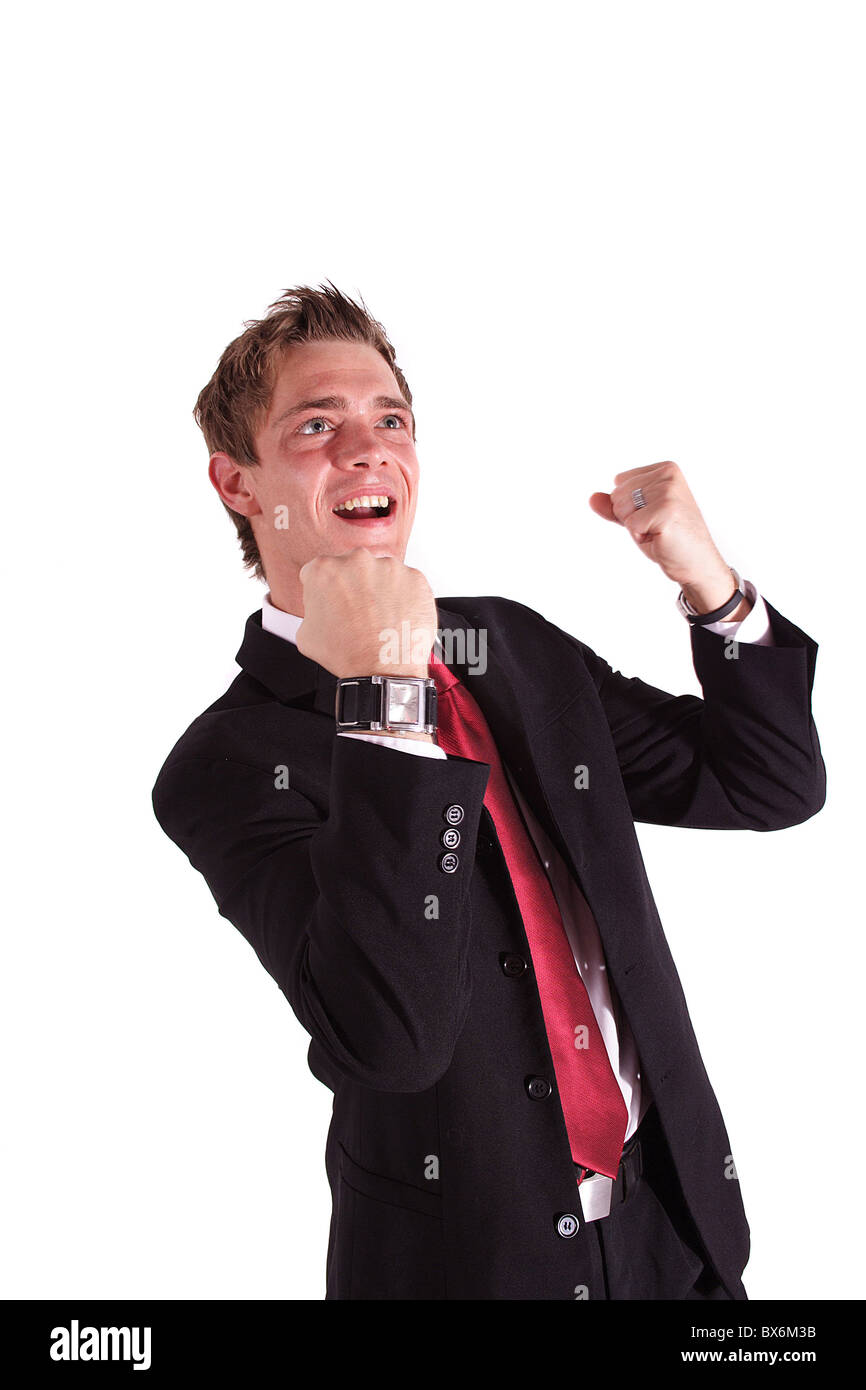 A smarting businessman jubilating. All isolated on white background. Stock Photo
