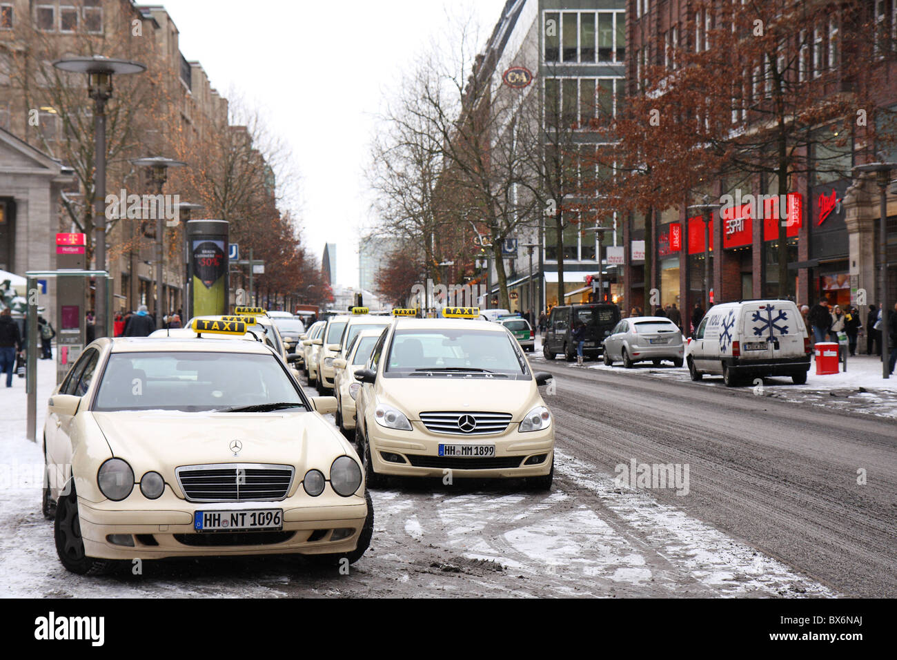 Shot of a taxi rank in Hamburg Germany where numerous Mercedes' and