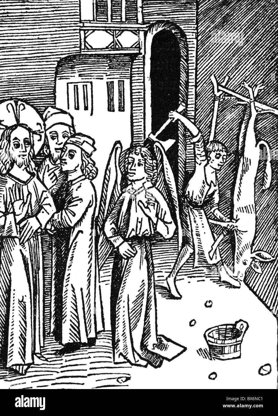 people, professions, butcher, disemboweling a calf, left: Jesus Christ with disciples and an angel, woodcut, 1495, Additional-Rights-Clearences-Not Available Stock Photo