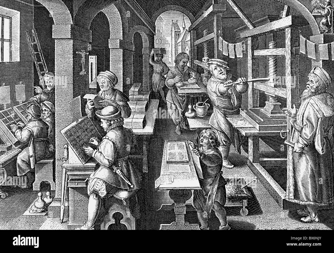 industry, printshop, copper engraving by Theodor Galle after Johannes Stradanus, Netherlands, late 16th century, technics, printing, press, shop, people, professions, master, journeymen, apprentice, printer, typesetter, books, handcraft, craftsmen, historic, historical, Artist's Copyright has not to be cleared Stock Photo