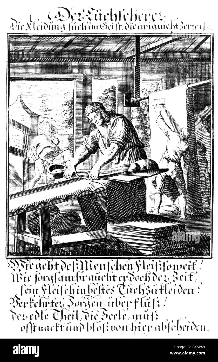 people, professions, cloth shearer, copper engraving from "Staendebuch" of Christoph Weigel