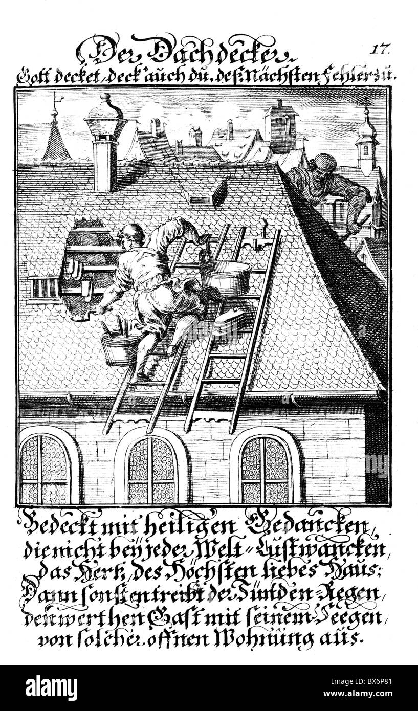 people, professions, roofer, copper engraving from 'Staendebuch' of Christoph Weigel, 1698, with verse by Abraham a Santa Clara, , Artist's Copyright has not to be cleared Stock Photo