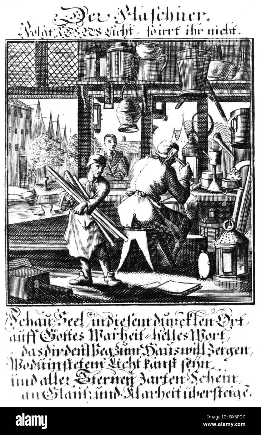 people, professions, tinsmith, copper engraving from 'Staendebuch' of Christoph Weigel, 1698, with verse by Abraham a Santa Clara, , Artist's Copyright has not to be cleared Stock Photo