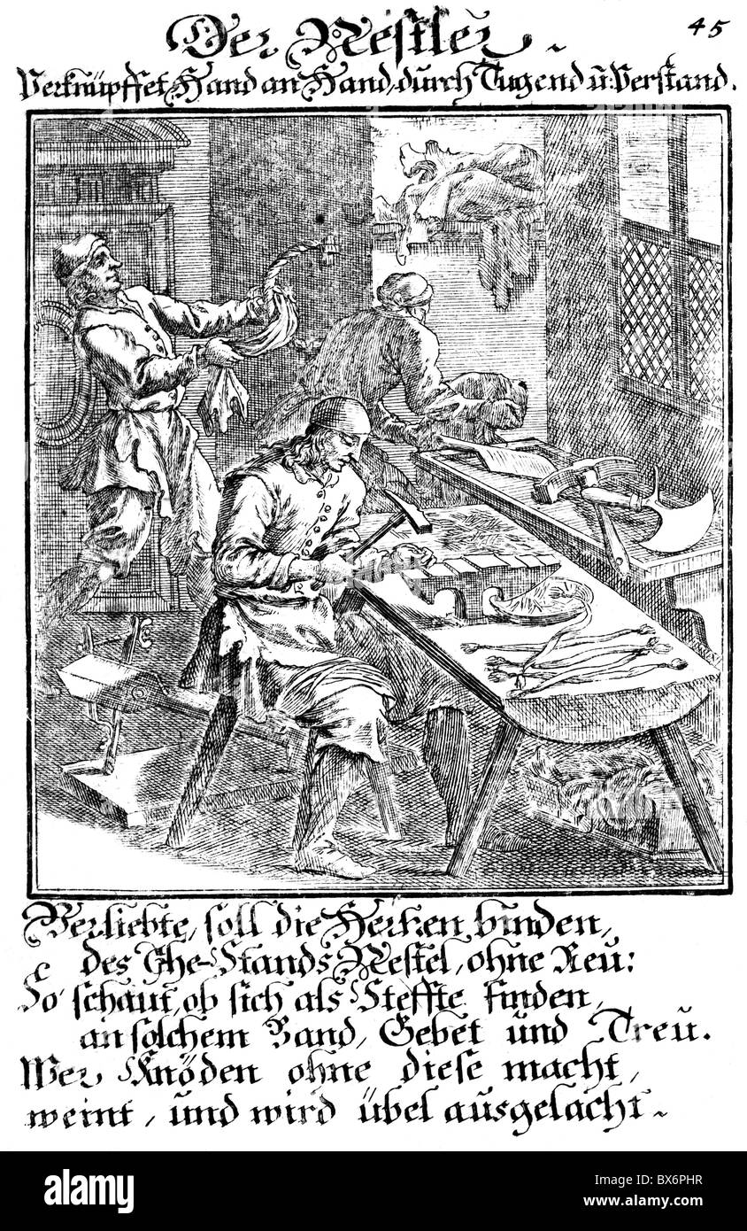 people, professions, lacemaker, copper engraving from 'Staendebuch' of Christoph Weigel, 1698, with verse by Abraham a Santa Clara, , Artist's Copyright has not to be cleared Stock Photo