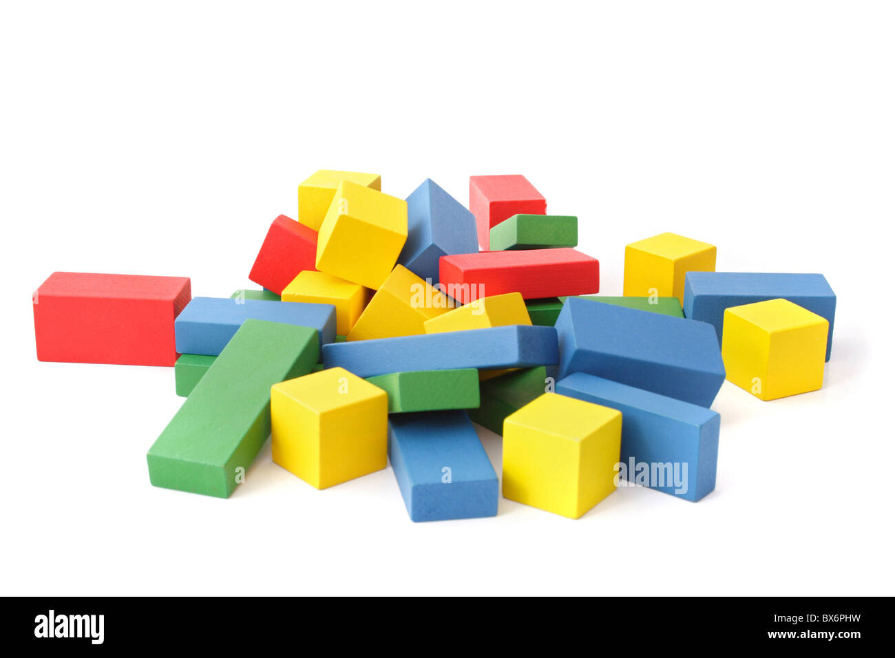 A chaotic pile of colorful blocks. All isolated on white background Stock Photo