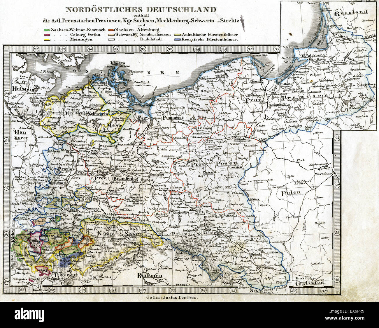 cartography, maps, Europa, Germany, Northeast, Prussia, Saxony, Mecklenburg, steel engraving, Stielers 'Handatlas', No XII, published by Justus Perthes, Gotha, 1851, , Additional-Rights-Clearences-Not Available Stock Photo