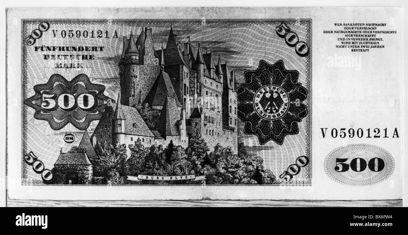 money / finance, banknotes, Germany, 500 Deutsche Mark, first issue: 1965, Additional-Rights-Clearences-Not Available Stock Photo