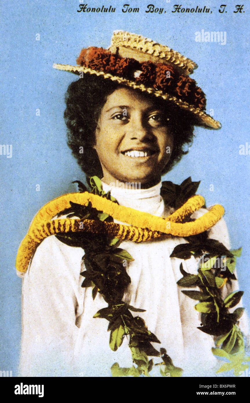 geography / travel, USA, Hawaii, people, young woman, 'Honolulu Tom Boy', coloured picture postcard, 1905, , Additional-Rights-Clearences-Not Available Stock Photo