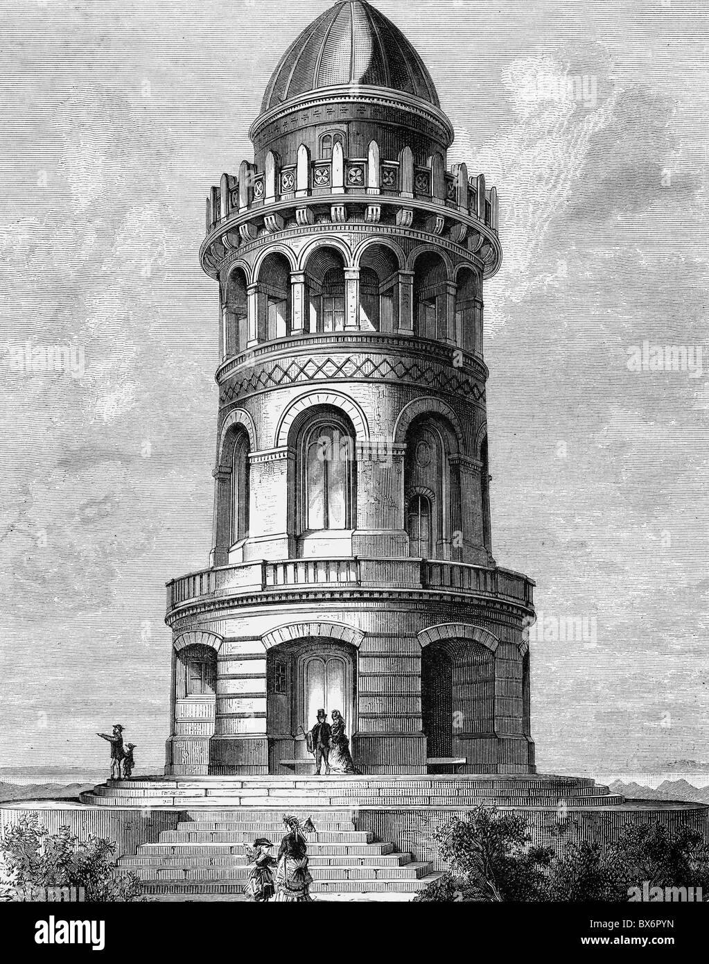 geography / travel, Germany, Ruegen Island, monuments, Ernst Moritz Arndt Tower, built 1872 - 1877 by Hermann Eggert, wood engraving, late 19th century, historic, historical, Europe, monument, Mecklenburg-West Pomerania, Mecklenburg, Pomerania, Rugen, Rügen, people, Additional-Rights-Clearences-Not Available Stock Photo