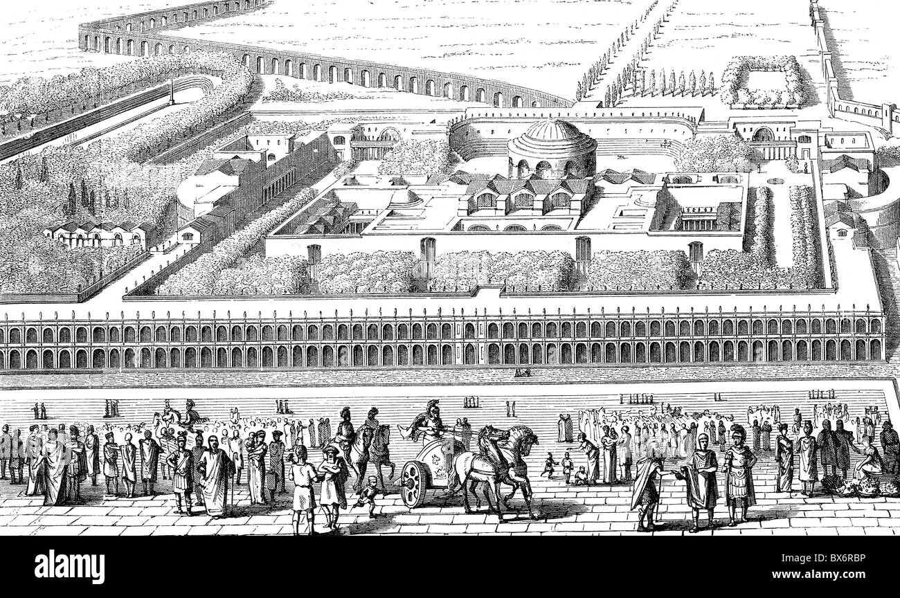 geography / travel, Italy, Rome, Thermae of Caracalla, built 212 - 216, reconstruction, wood engraving, 19th century, , Additional-Rights-Clearences-Not Available Stock Photo