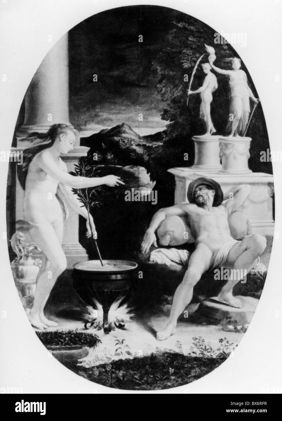 Jason, Greek mythological hero, scene, Medea preparing him a protective ointment, illustration from the 19th century, Stock Photo