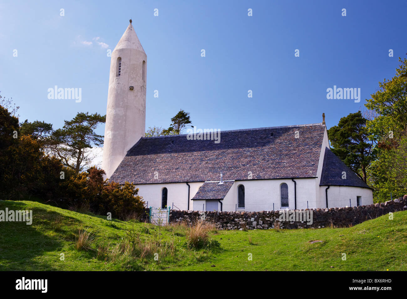 White round tower church at Dervaig, Isle of Mull, Inner Hebrides, Scotland, United Kingdom, Europe Stock Photo