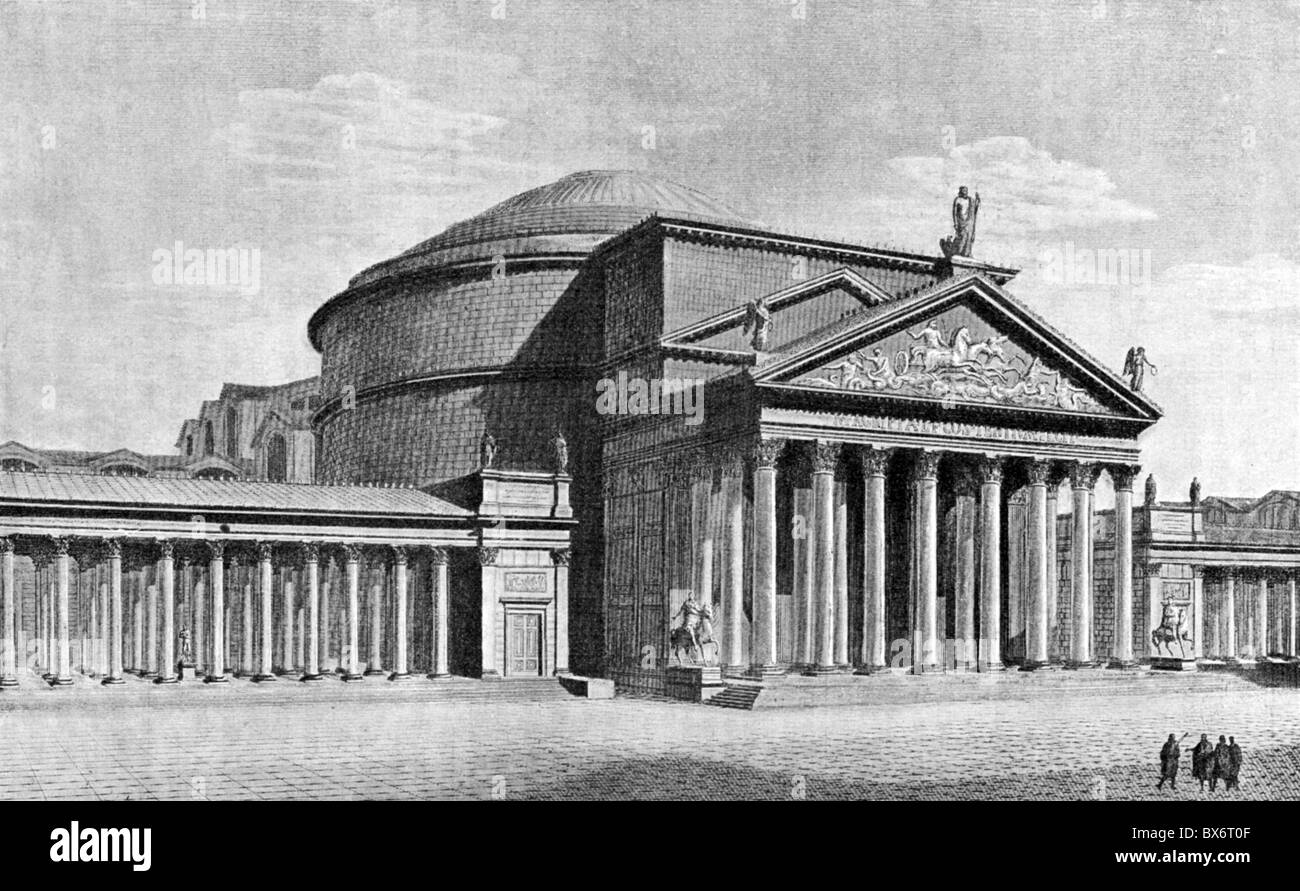 geography / travel, Italy, Rome, Pantheon of Agrippa, built 27 - 25 BC, exterior view, wood engraving after reconstruction by Canina, 19th century, Marcus Vipsanius Agrippa, anciient world, antiquity, Roman Empire, Romans, architecture, religion, temple, 1st century BC, historic, historical, ancient world, people, Additional-Rights-Clearences-Not Available Stock Photo