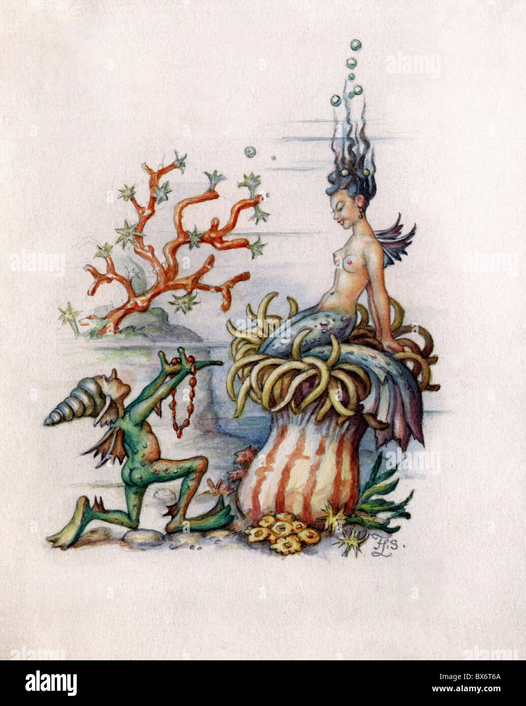 literature, fairytales, underwater creature, coloured drawing by F. L. S., historic, historical, legend, legends, mermaid, mermaids, merman, the Nix, mermen, gift, gifts, anemone, anemones, fantasy, Additional-Rights-Clearences-Not Available Stock Photo