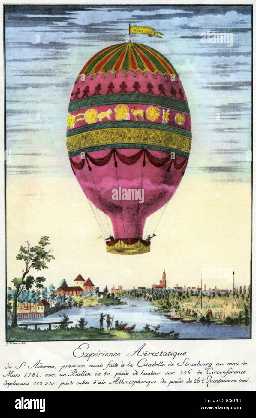 transport / transportation, aviation, balloons, hot-air ballon of brothers Joseph Michel and Jacques Etienne Montgolfier, flight of a balloon over Strassbourg, March 1784, Additional-Rights-Clearences-Not Available Stock Photo