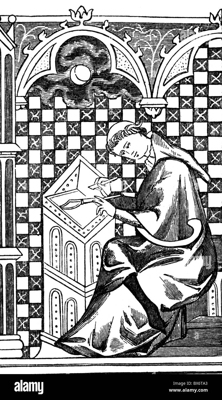people, professions, scrivener, monk with reed pen and penknife, after 13th century, miniature, wood engraving, 19th century, writing, desk, clergy, clergyman, monastery, scriptorium, book, middle ages, historic, historical, book-painting, book painting, illuminated manuscript, medieval, Additional-Rights-Clearences-Not Available Stock Photo