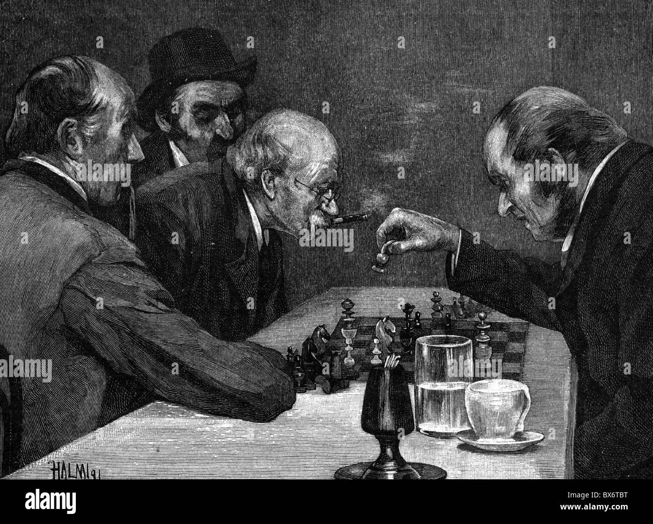 games, men during game of chess, 'An decisive move', after drawing by L. Halmi, wood engraving, 1895, Additional-Rights-Clearences-Not Available Stock Photo