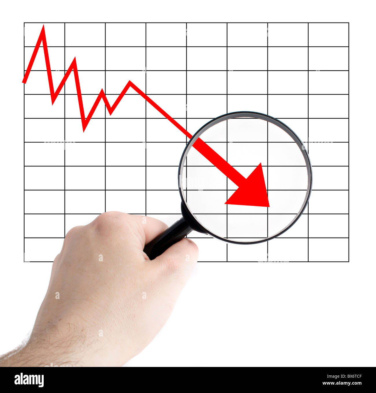 A person analyzes a negative chart. All on white background. Stock Photo