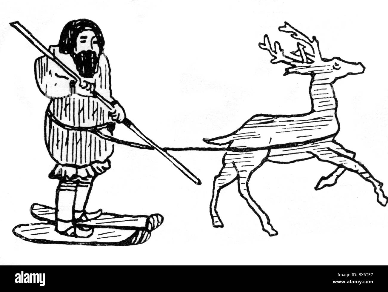 sports, winter sports, Nordic ski, Aino on ski, with reindeer as team, illustration, 18th century, historic, historical,ski, skis, snow shoe, snowshoe, snow shoes, snowshoes, clipping, cut out, cut-out, cut-outs, people, Additional-Rights-Clearences-Not Available Stock Photo