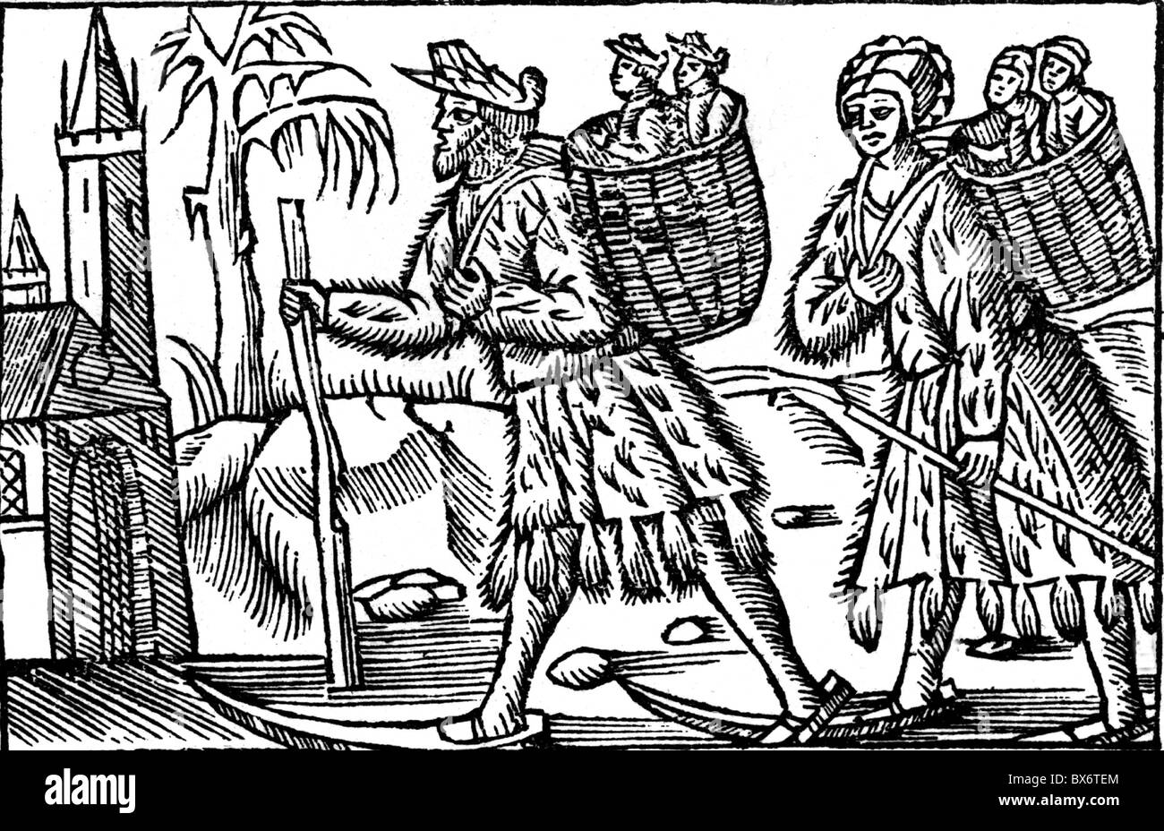 sports, winter sports, snow shoes, Nordic skier at 16th century, after Olaus Magnus / Historia de gentibus septentrionalibus, Rome, 1555, Additional-Rights-Clearences-Not Available Stock Photo