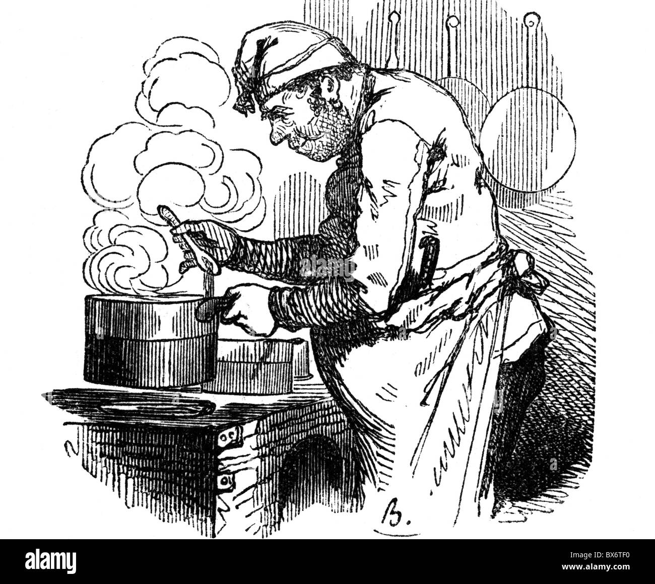 people, professions, cook, caricature, drawing by Blanchard, France, 19th century, pot, oven, satire, cooking, chef, French, historic, historical, Additional-Rights-Clearences-Not Available Stock Photo