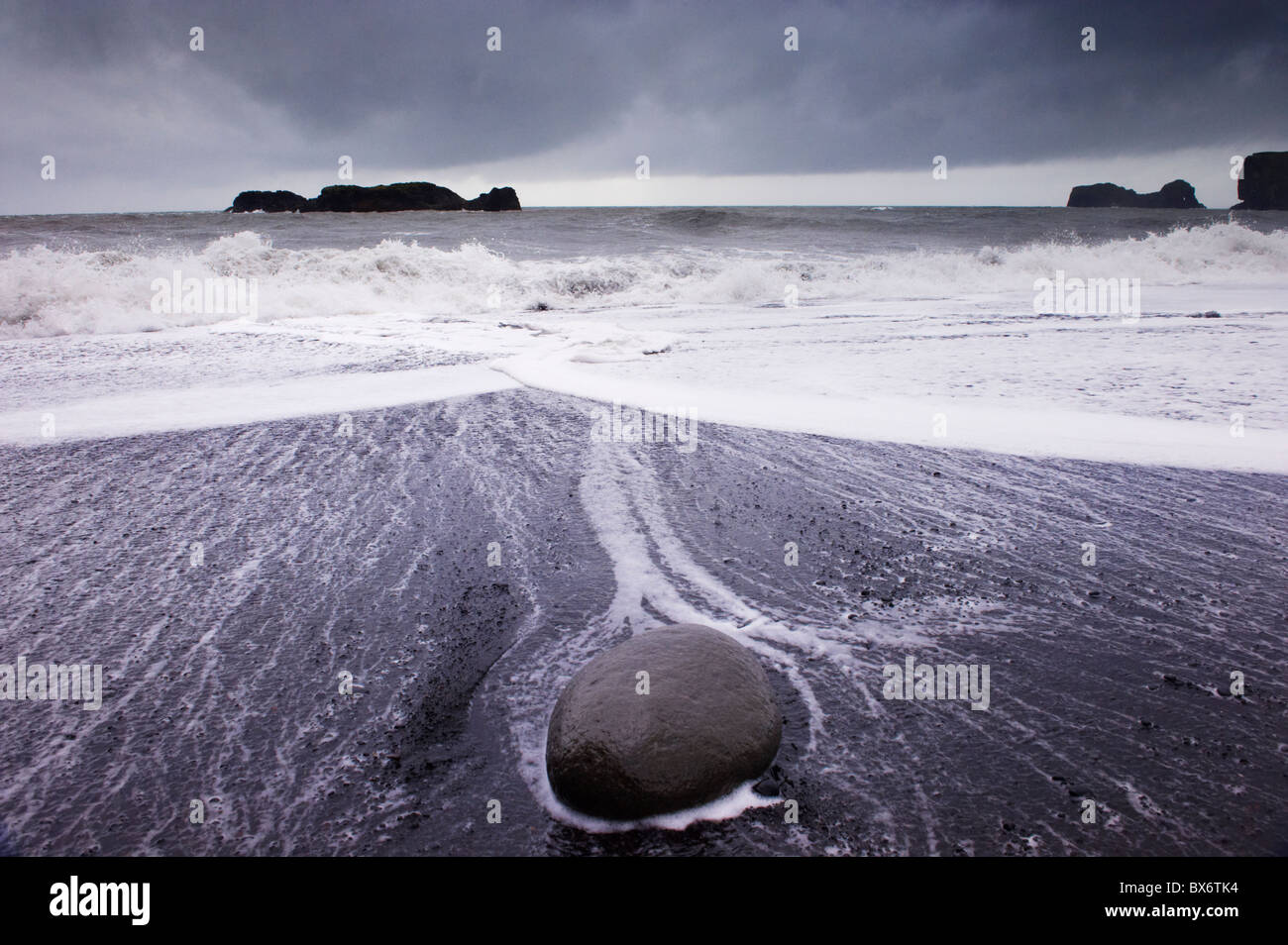 Rough sea on Reynisfjara black sand beach, near Vik, in the south of ...