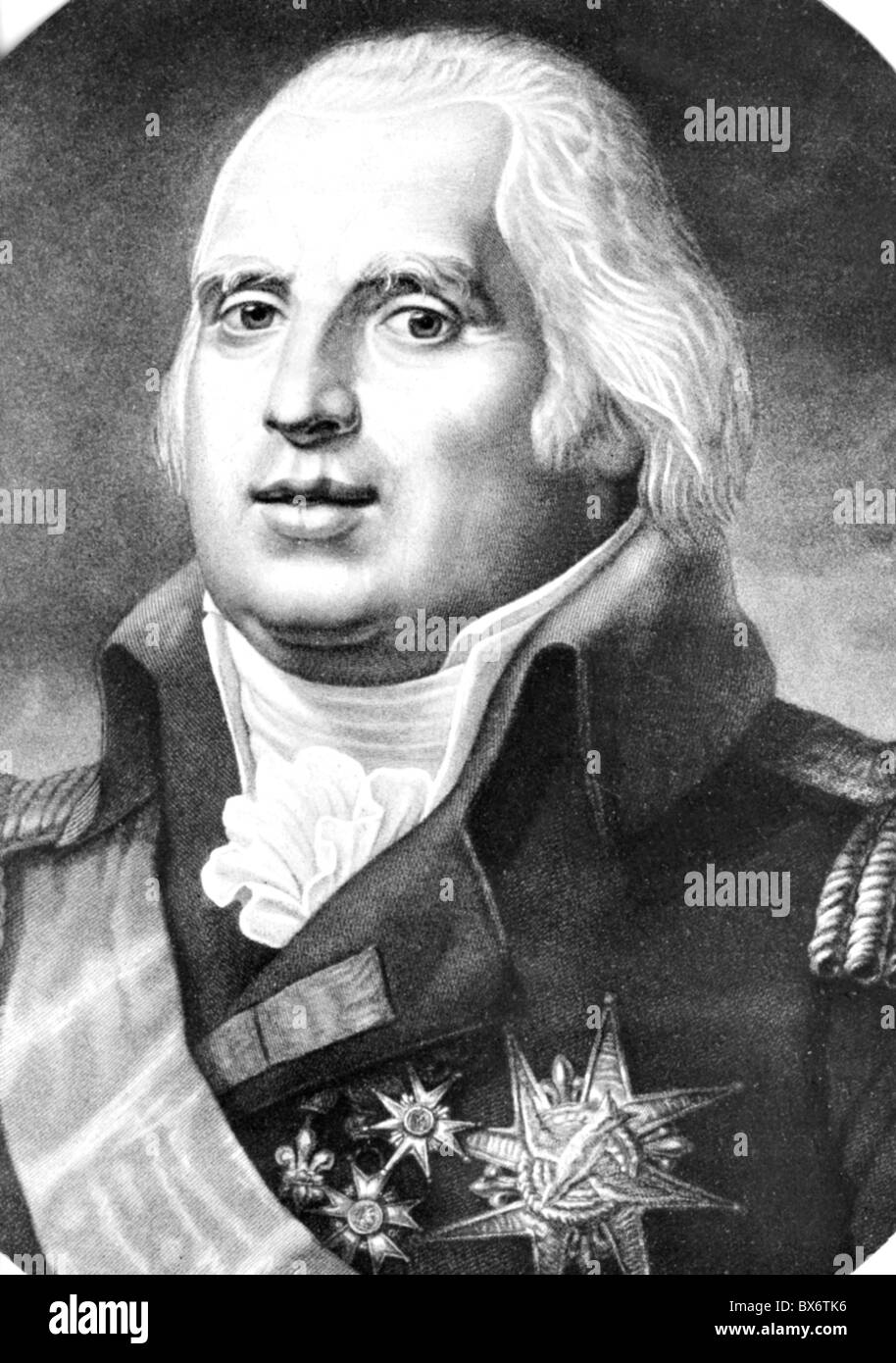 Louis XVIII, 17.11.1755 - 16.9.1824, King of France 2.4.1814 - 16.9.1824, portrait, steel engraving by Bertrand after drawing by Baquet, 19th century, Artist's Copyright has not to be cleared Stock Photo