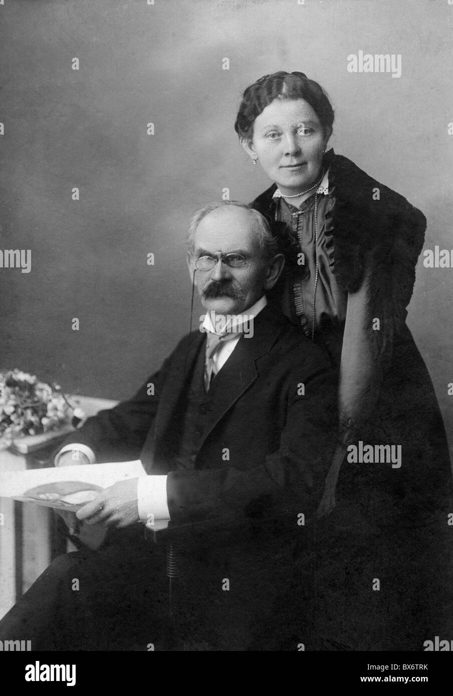 people, couples, 1900 - 1930, elderly couple, half length, circa 1900, moustache, glasses, pince-nez, historic, historical, 1900s, 20th century, half length, sitting, sit, standing, Austria, woman, women, female, man, men, male, people, nostalgia, Additional-Rights-Clearences-Not Available Stock Photo