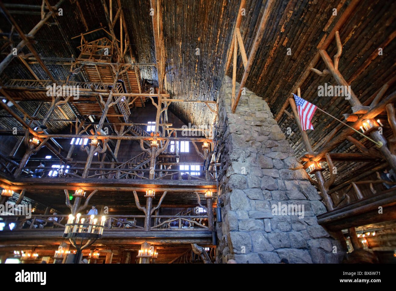 Inside the Old Faithful Lodge, Yellowstone National Park. Wyoming, USA  Stock Photo - Alamy