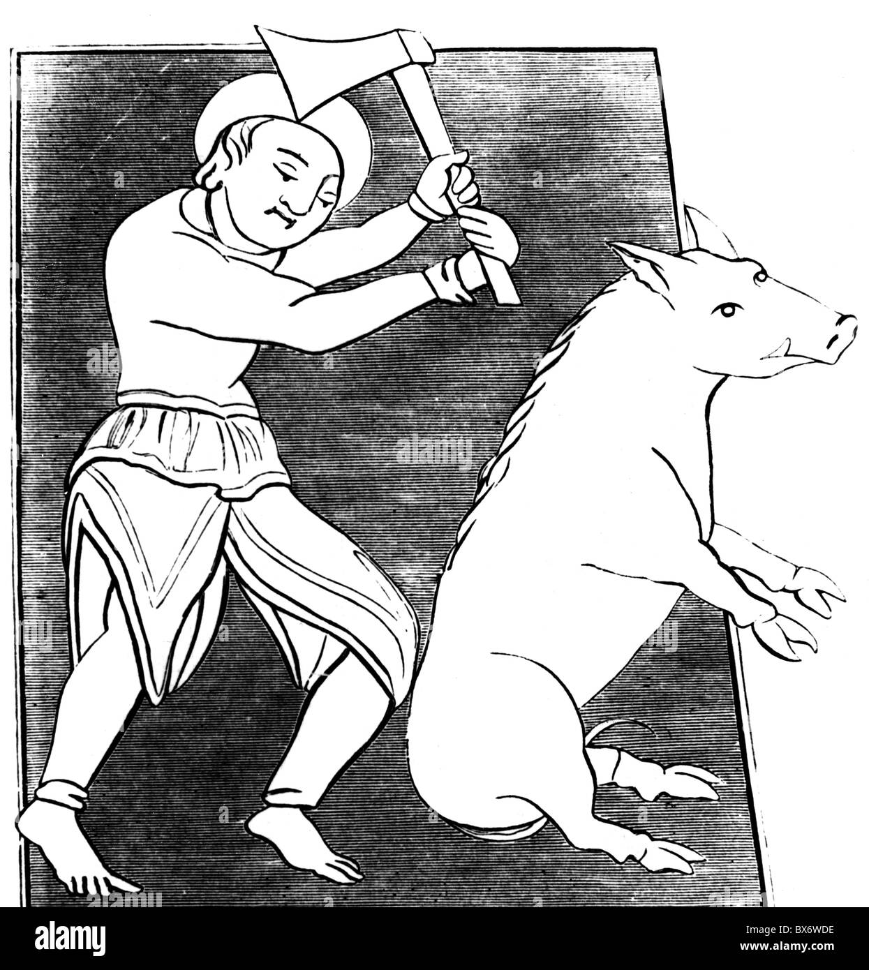 people, professions, butcher, slaughtering a pig, wood engraving after Book of Documents of Solignac Abbey, France, 14th century, slaughter, hog, swine, axe, hatchet, handcraft, craftsman, middle ages, historic, historical, medieval, Additional-Rights-Clearences-Not Available Stock Photo