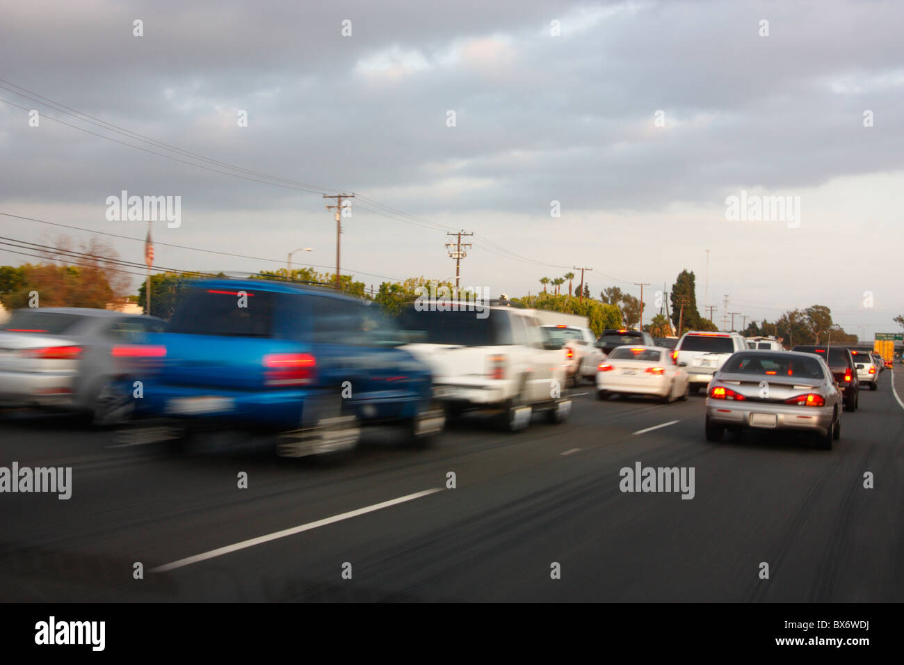 A car accident about to happen on a freeway. Los Angeles, California, U.S.A. Stock Photo