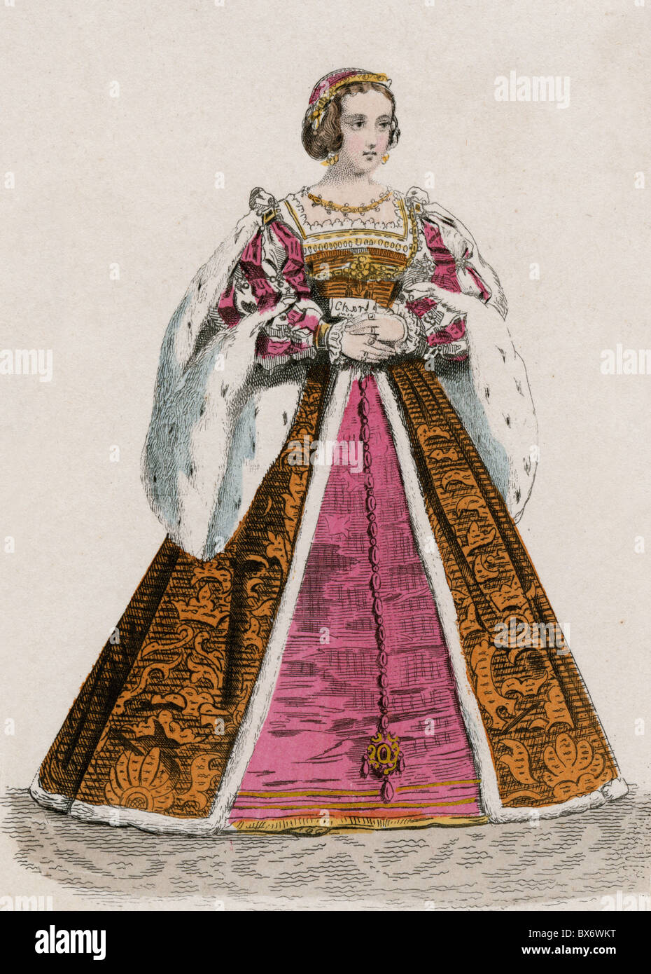 Eleanor, 15.11.1498 - 18.2.1558, Queen Consort of France 4.7.1530 - 31.3.1547, full length, coloured wood engraving, 19th century, Stock Photo