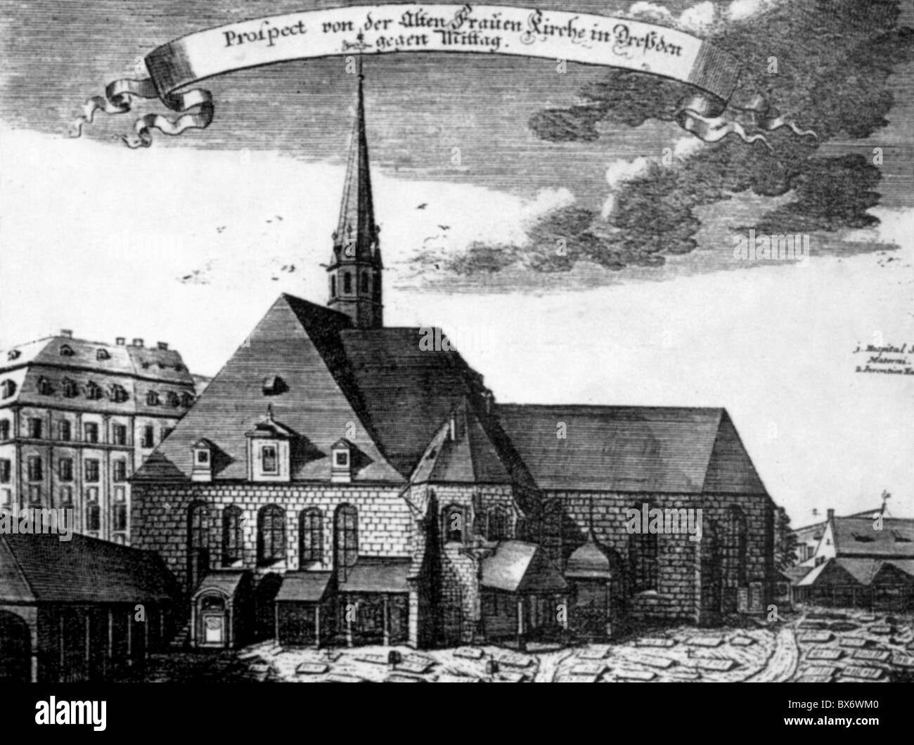 geography / travel, Germany, Dresden, churches, old Frauenkirche and Materni hospital, exterior view, copper engraving by Moritz Bodenehr, circa 1725, Artist's Copyright has not to be cleared Stock Photo