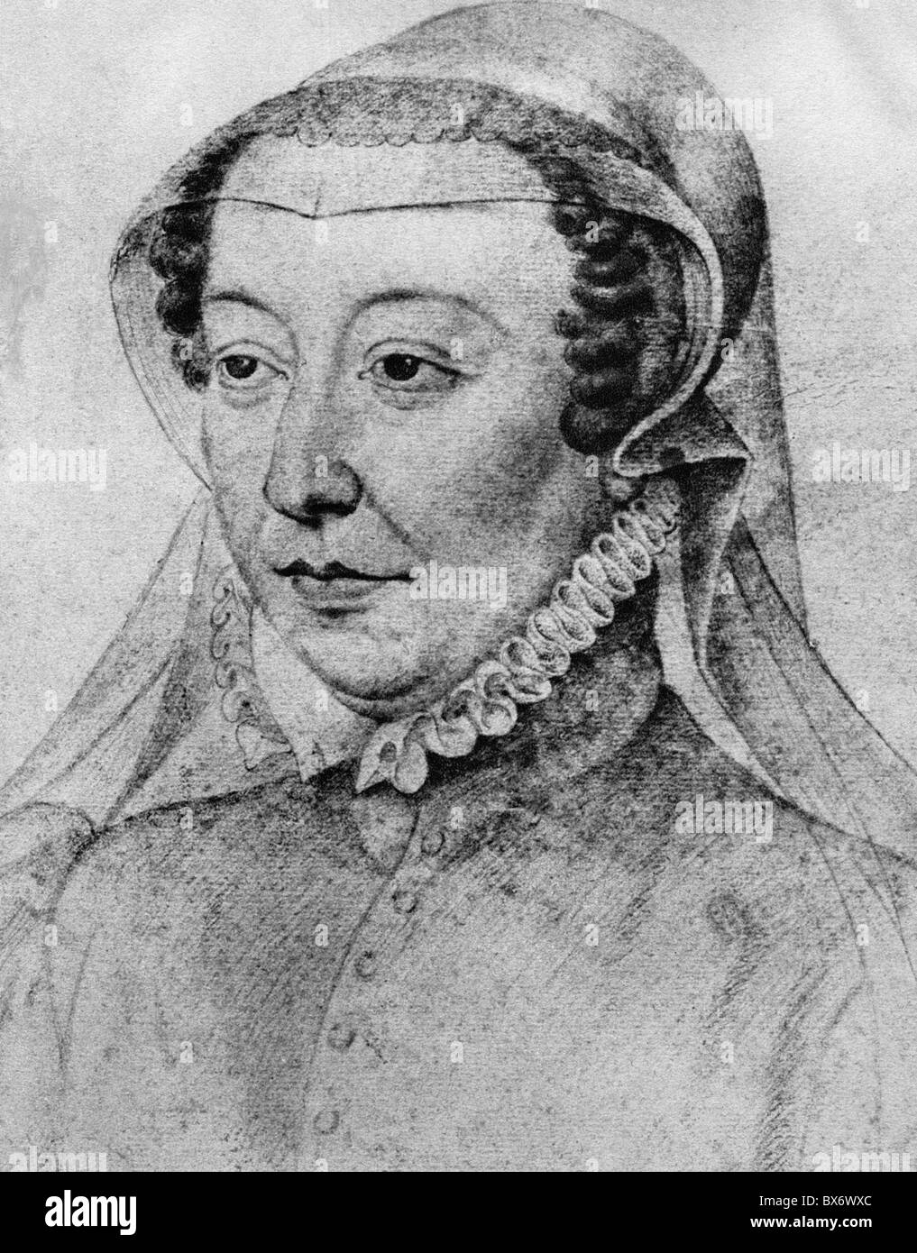 Catherine di Medici, 13.4.1519 - 5.1.1589, Queen Consort of France 31.3.1547 - 10.7.1559, portrait, drawing, 1560, , Stock Photo