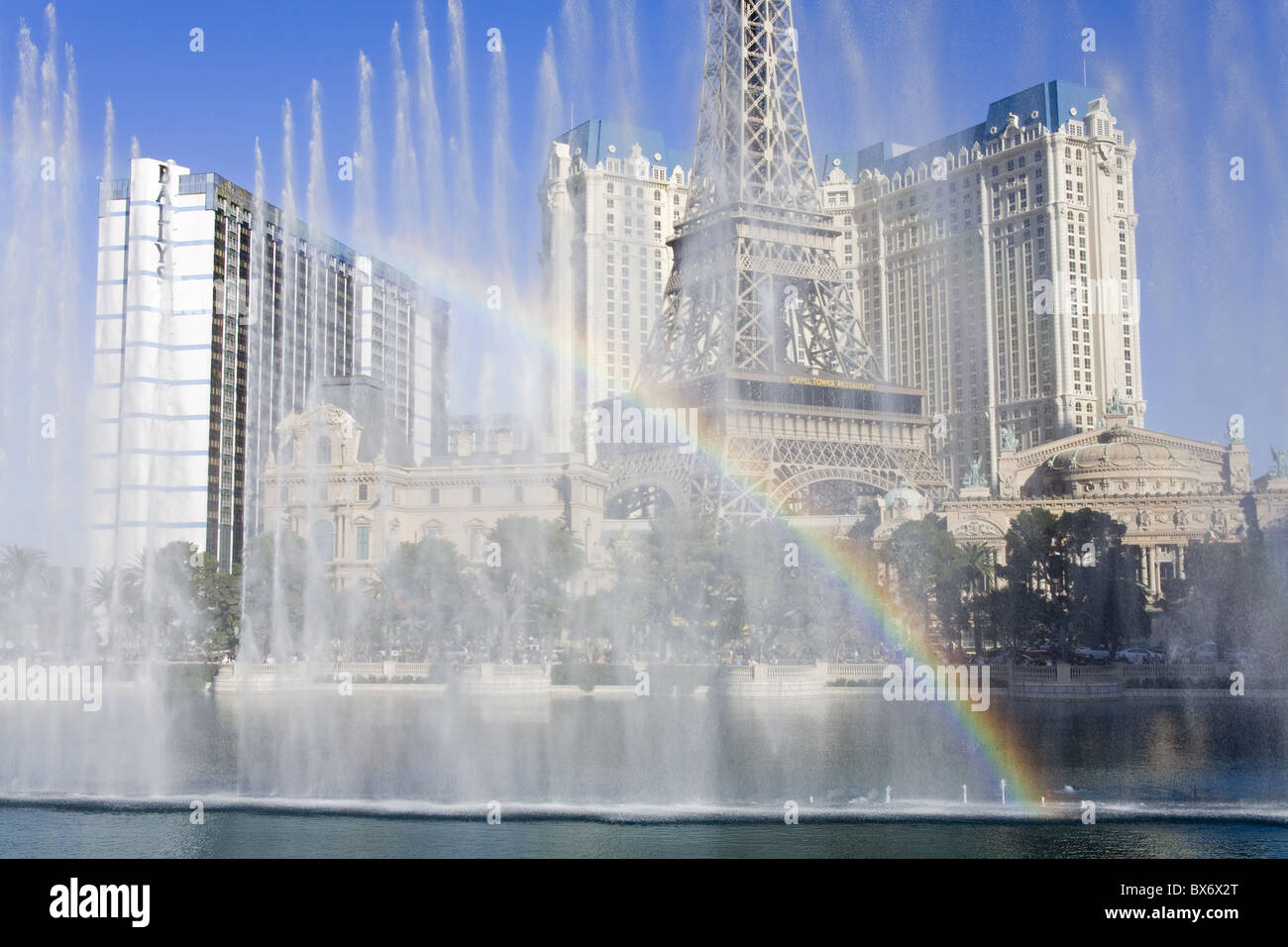 Fountains at Bellagio and Paris Casino, Las Vegas, Nevada, United States of America, North America Stock Photo