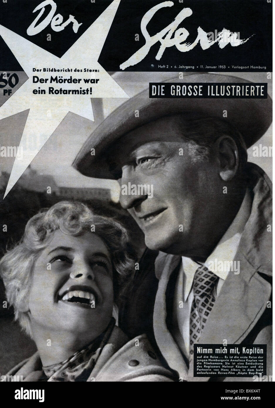 journals / magazines, 1953, 'Der Stern', Hamburg, volume 6, number 2, title cover with Anneliese Kaplan and Hans Albers 'Käptn Bay-Bay' (Captain Bay-Bay), 11.1.1953, Additional-Rights-Clearences-Not Available Stock Photo