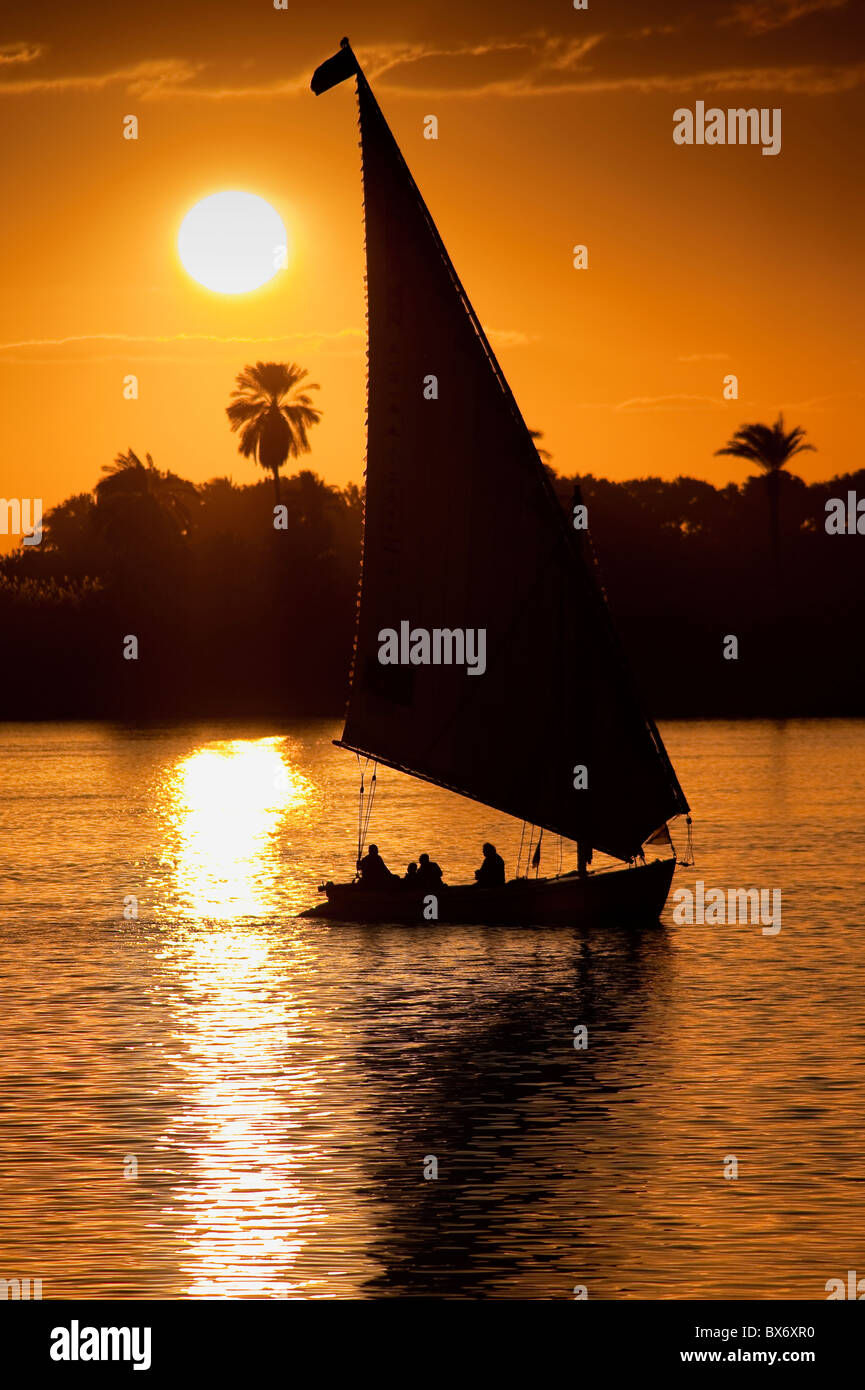 A stunning and beautiful image of a traditional Egyptian sail boat called a felucca on the Nile at sunset with palms behind Stock Photo