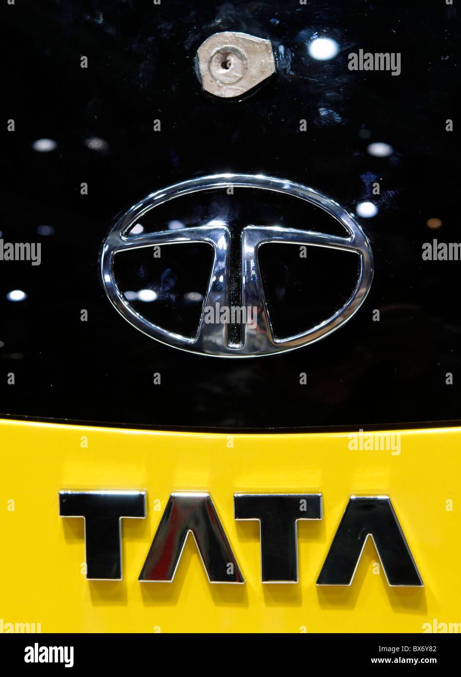 Logo of Tata Nano car during the 79th International Motor Show in Geneve, Tuesday, March 3, 2009.  (CTK Photo/Rene Fluger) Stock Photo